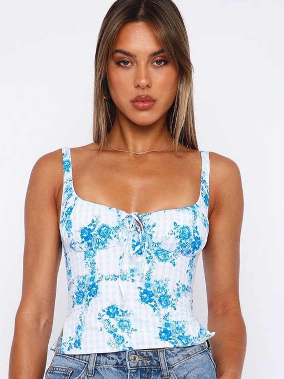 

LULU & SKY Women Floral Printed Shoulder Straps Fitted Top, White