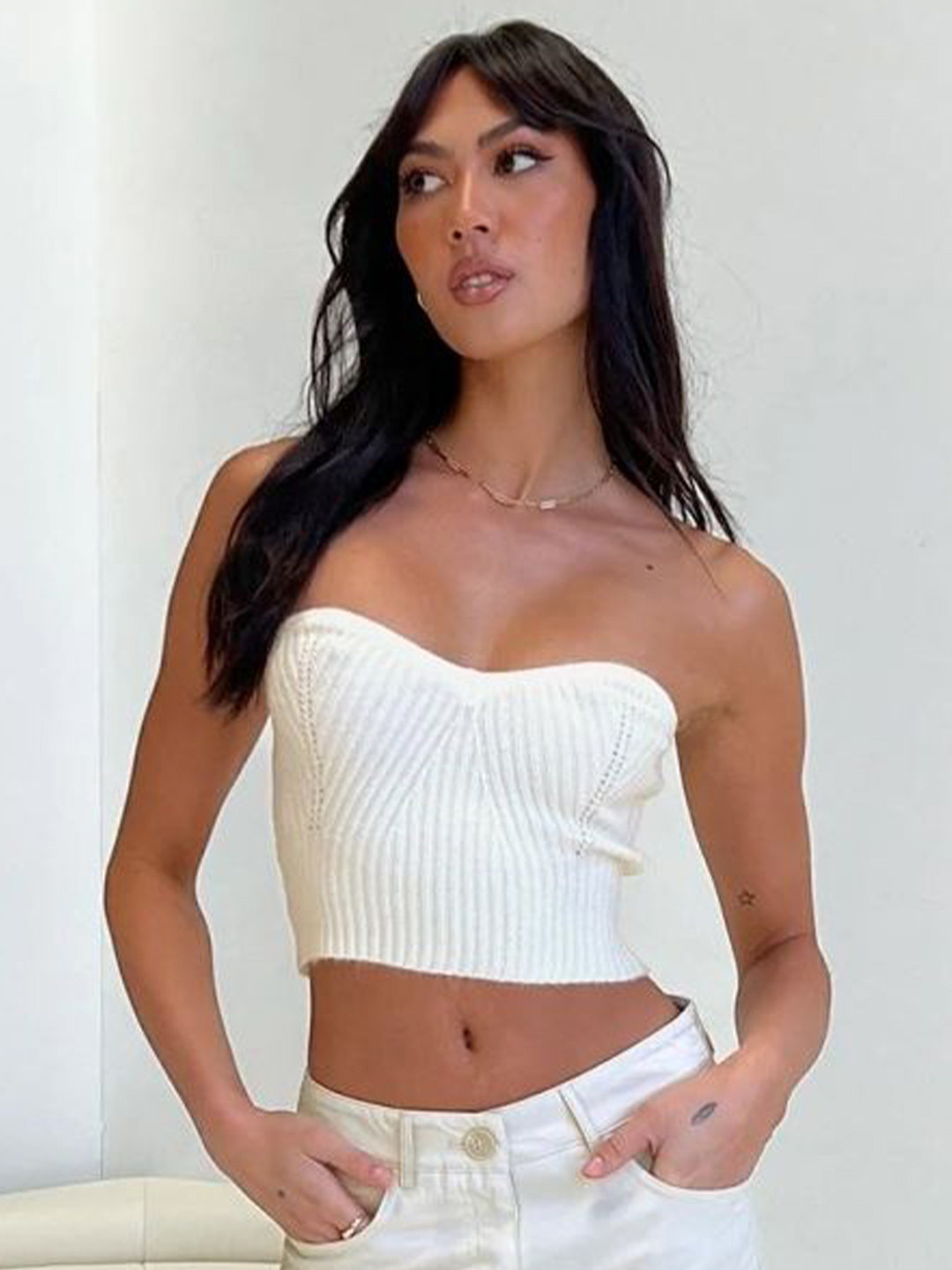 

LULU & SKY Women Ribbed Off-Shoulder Tube Crop Top, White