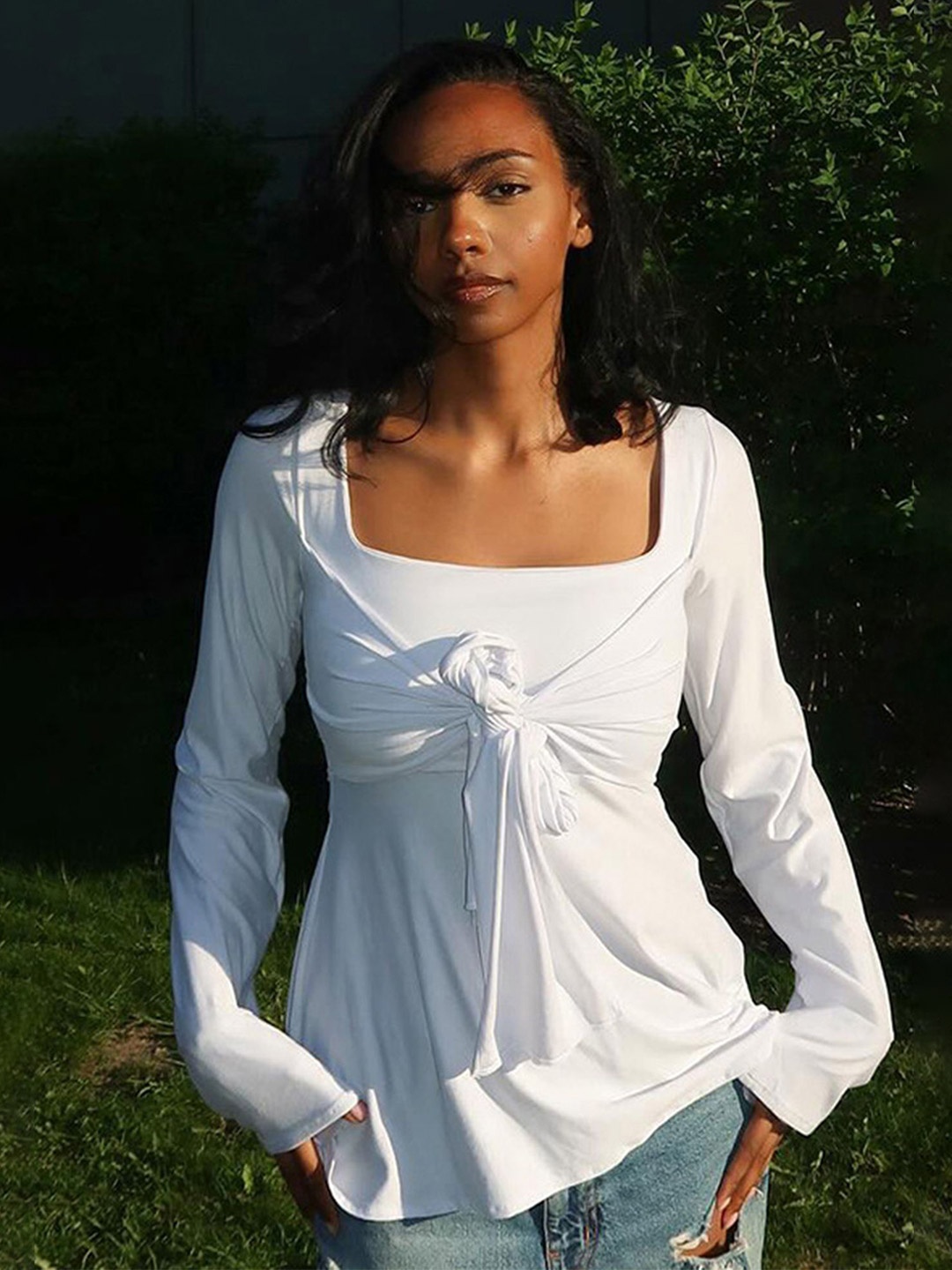

LULU & SKY Women Square Neck Tie Up Top, White