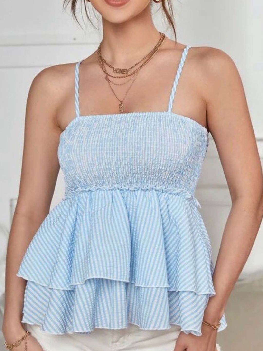 

LULU & SKY Women Vertical Stripes Striped Peplum Top, Blue