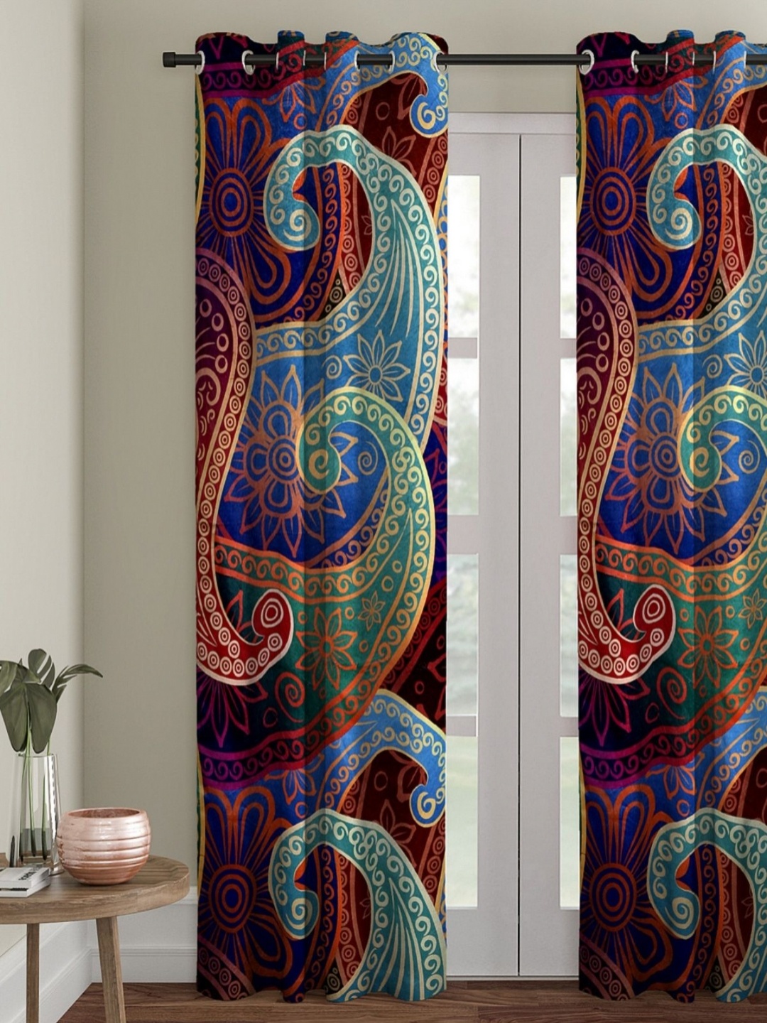 

Myntra Elegant Homes Blue & Green 2 Pieces Ethnic Printed Room Darkening Door Curtains