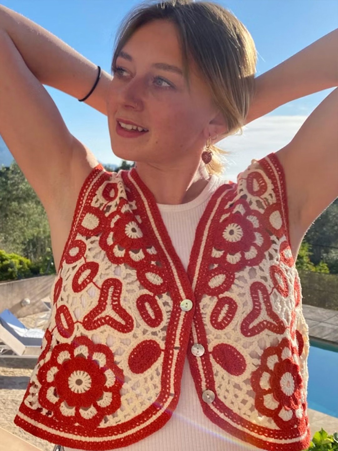 

LULU & SKY Women Self Design Sleeveless Crocheted Vest Top, Red