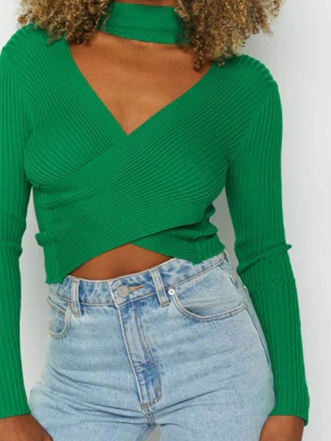 

LULU & SKY Women Choker Neck Ribbed Wrap Crop Top, Green