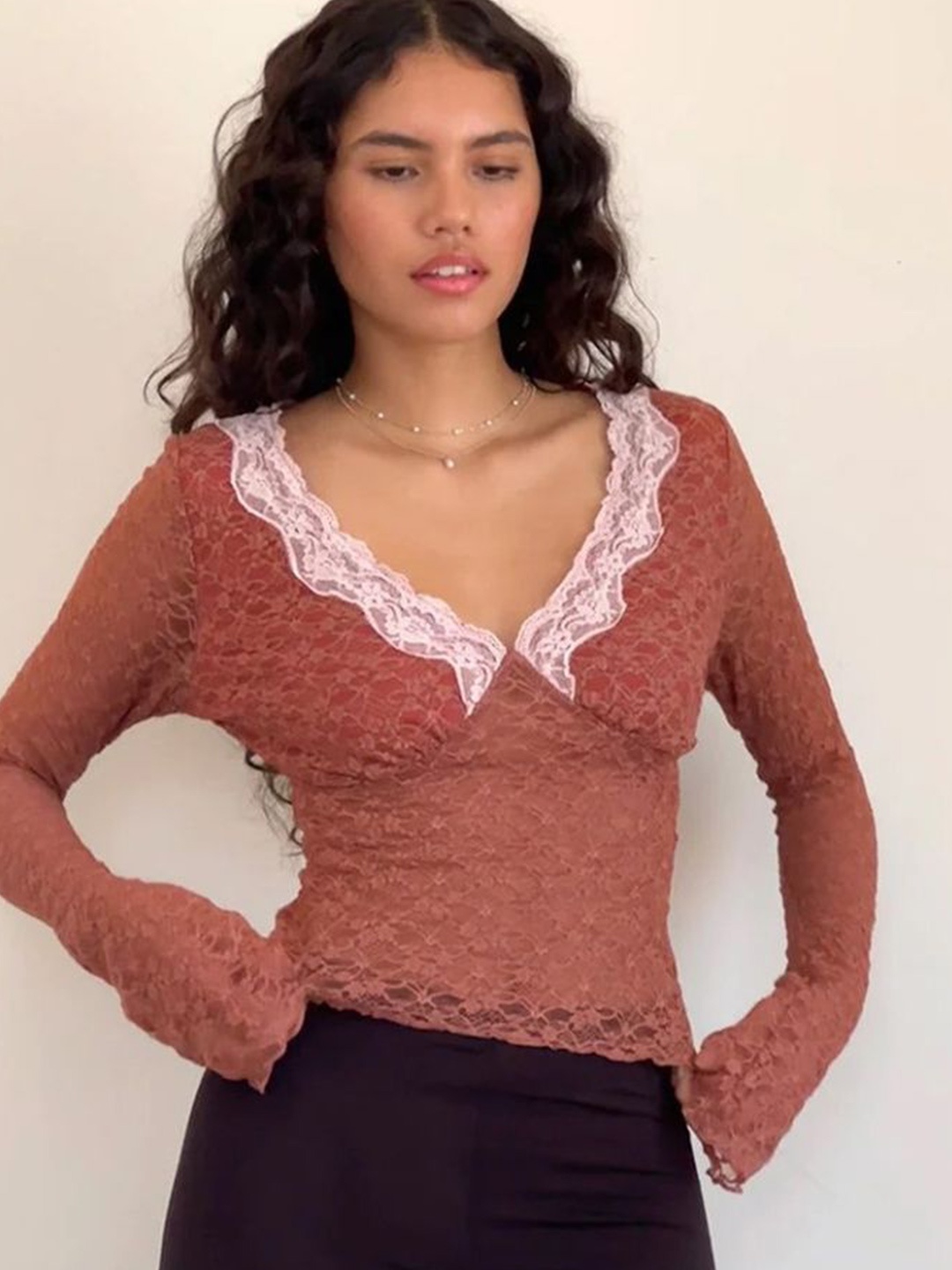 

LULU & SKY Women Self Design V-Neck Lace Detail Empire Top, Brown