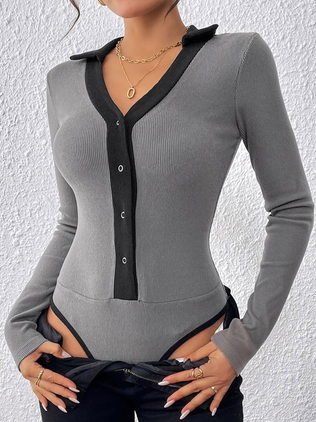 

LULU & SKY Shirt Collar Full Sleeve Bodysuit, Grey