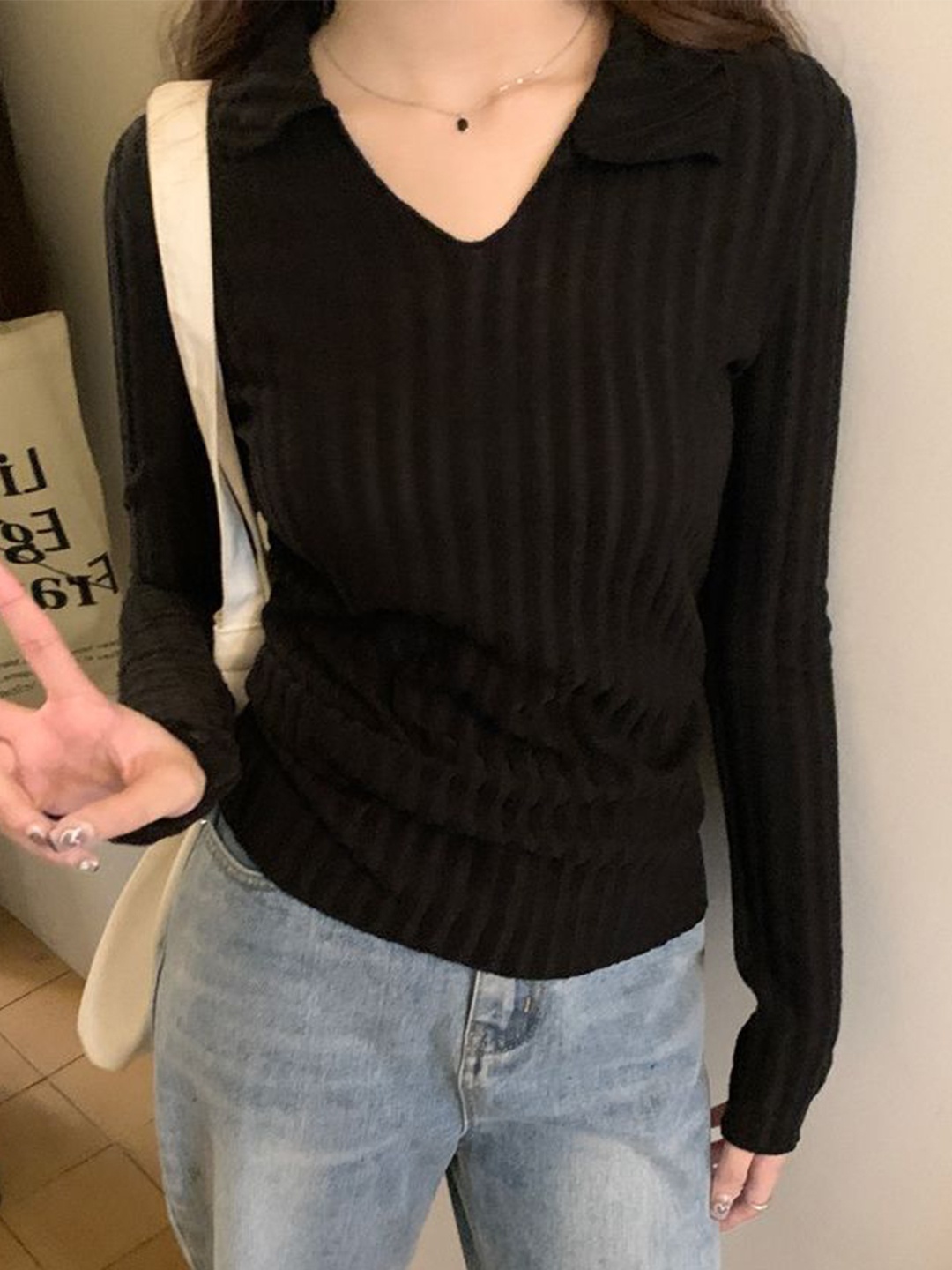 

LULU & SKY Shirt Collar Fitted Top, Black