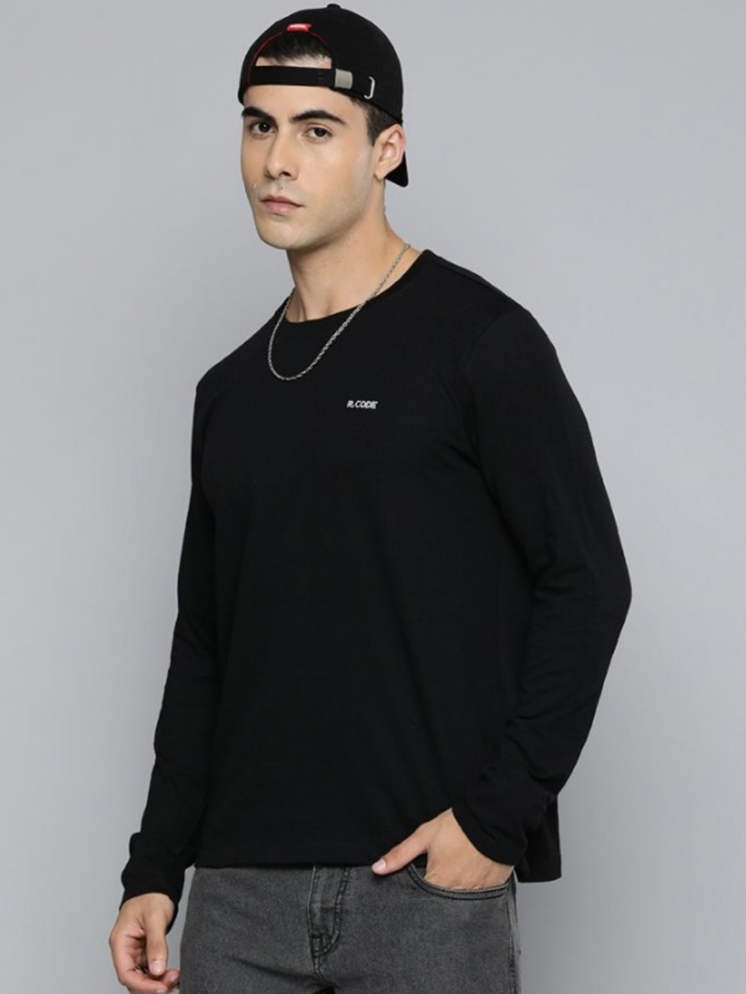 

R.Code by The Roadster Life Co. Men Solid Round Neck Cotton T-shirt, Black