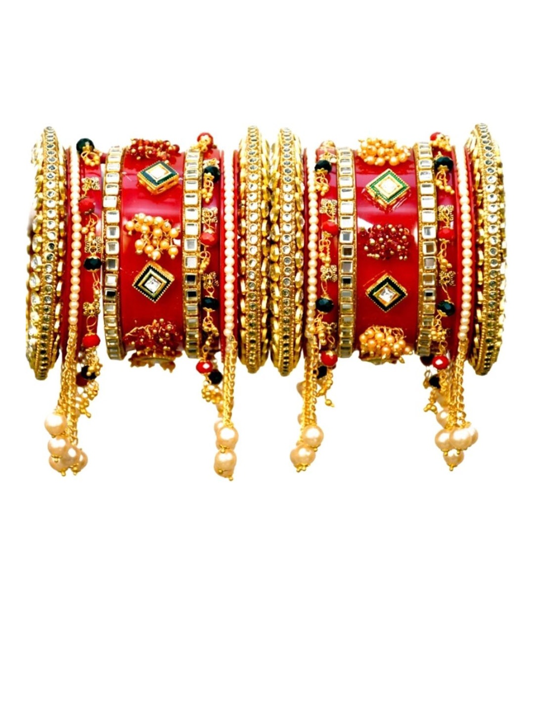 

Zindura Set Of 2 Gold-Plated Crystal Studded & Beaded Chuda Bangles