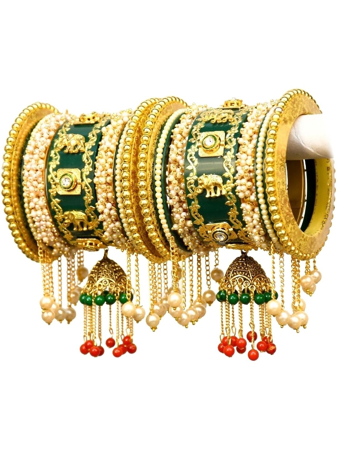 

Zindura Set Of 2 Gold-Plated Stone Studded & Pearl Beaded Chuda Bangles