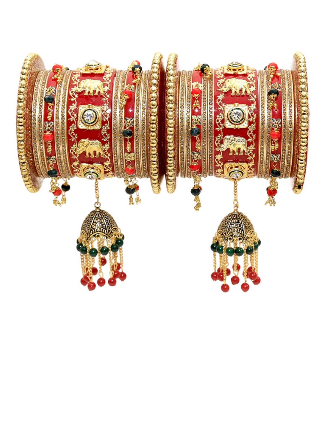 

Zindura Set Of 2 Gold-Plated Stones-Studded & Pearls-Beaded Chuda Bangles