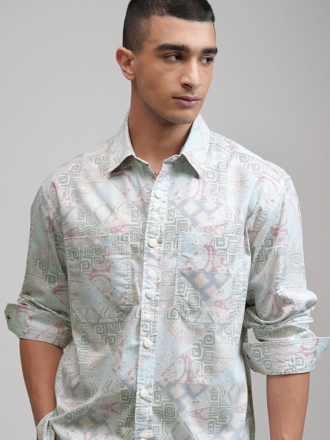 

HIGHLANDER Men Printed Utility Pocket Oversized Overshirt, Blue