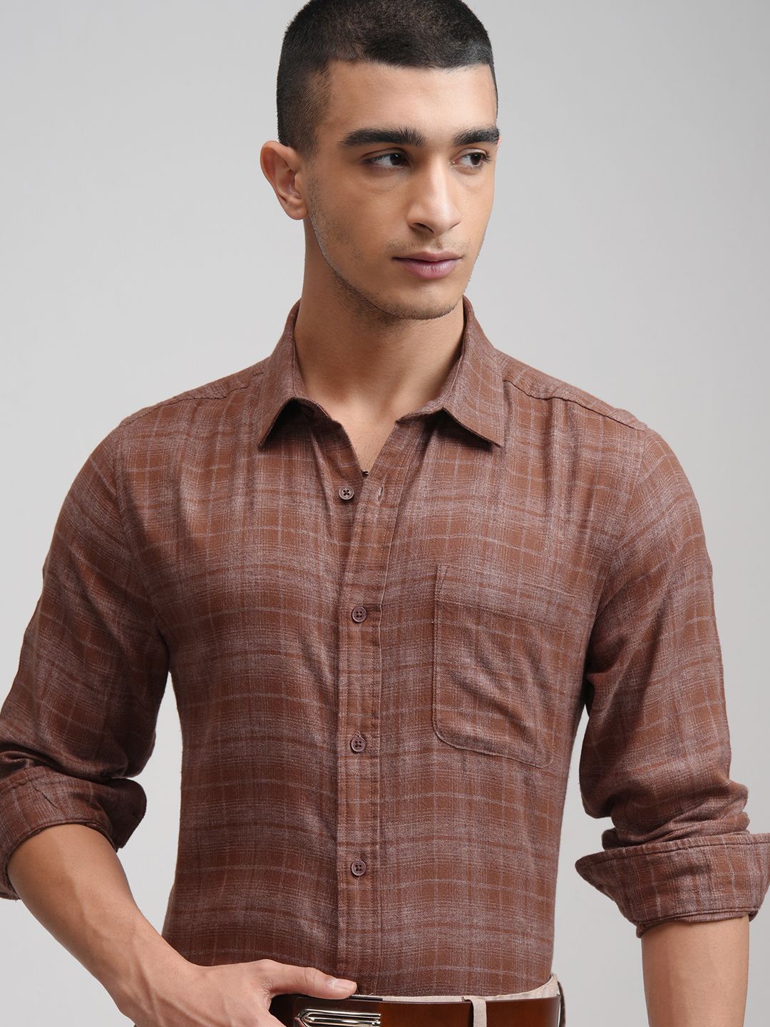 

HIGHLANDER Men Spread Collar Tartan Checked Cotton Slim Fit Casual Shirt, Rust