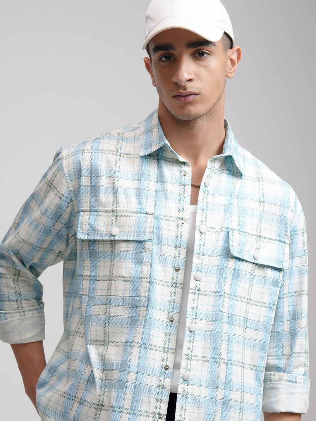 

HIGHLANDER Men Printed Checked Stylized Pocket Oversized Overshirt, Off white