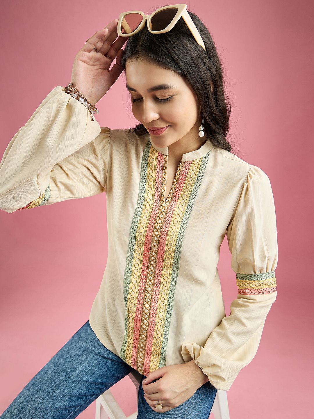 

DressBerry Women Geometric Mandarin Collar Puff Sleeve Top, Beige