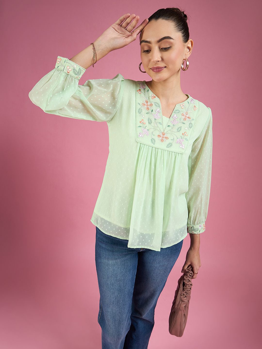 

DressBerry Embroidered A-Line Top, Green