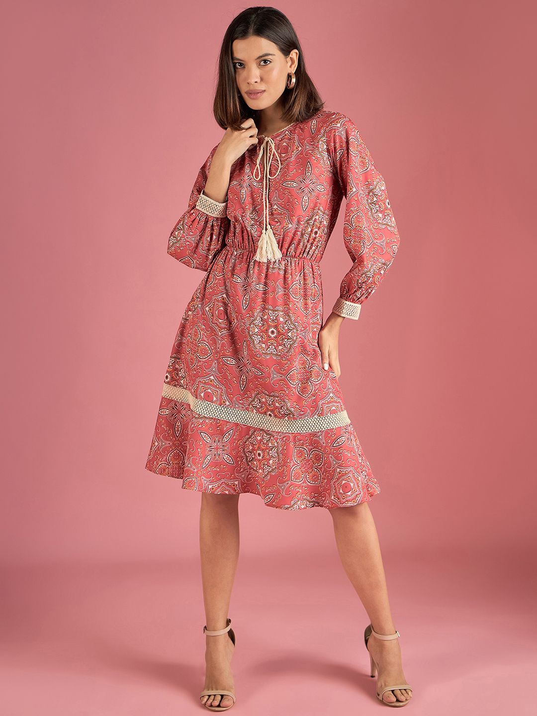 

DressBerry Bohemian Women Print Tie-Up Neck Crepe Fit & Flare Dress, Red