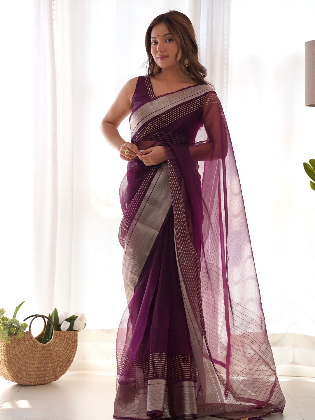 

Ethnic Yard Embellished Zari Organza Chanderi Saree, Purple