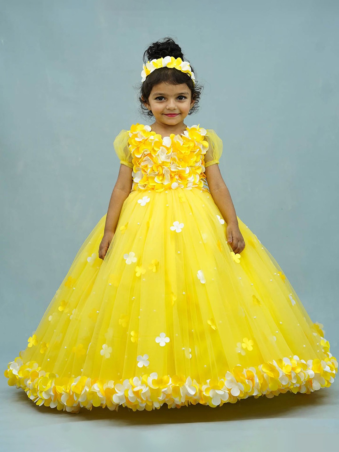 Li & Li Boutique Girls Floral Puff Sleeve Net Maxi Dress, Yellow