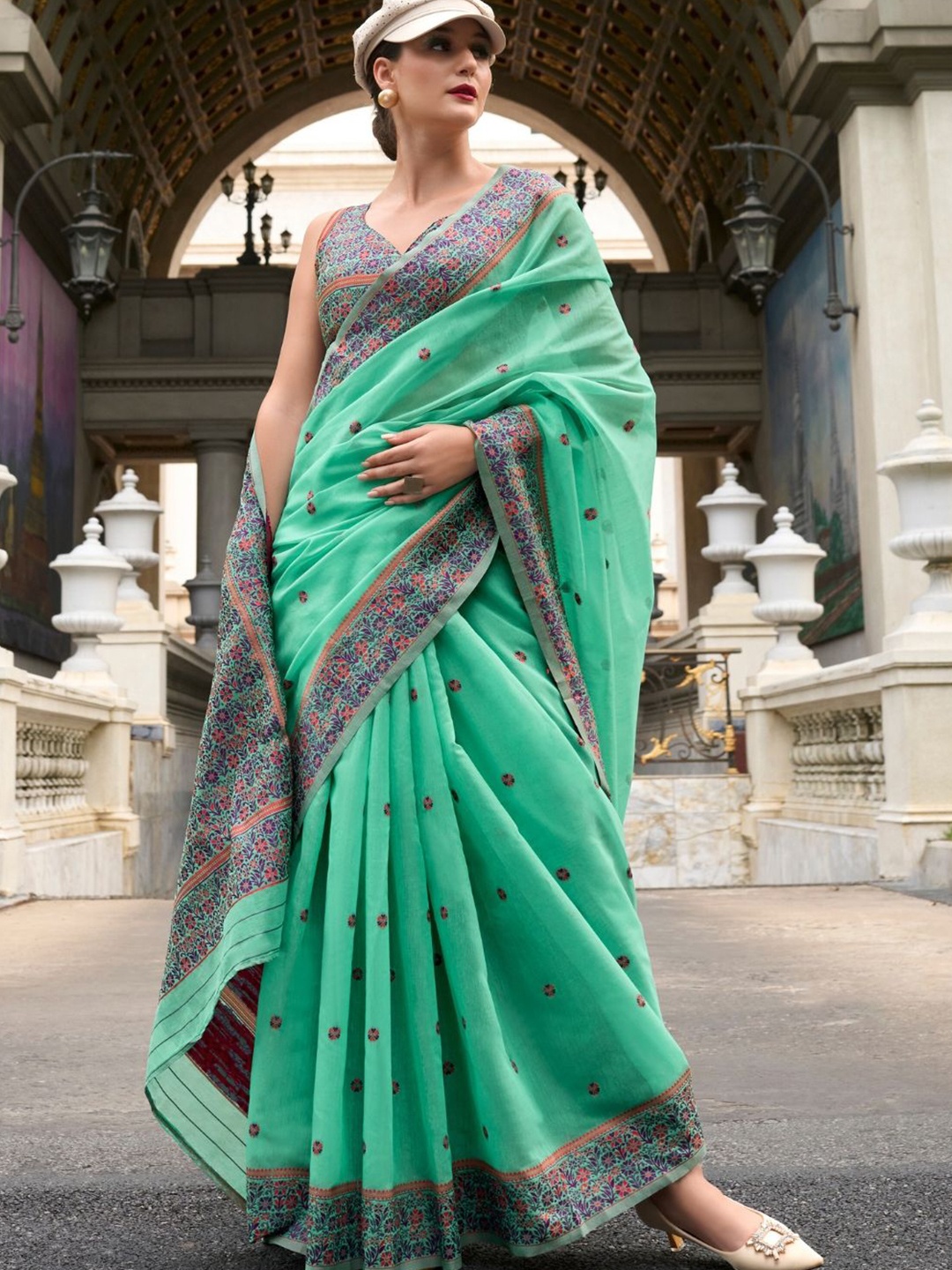 

DEVATITHI Soft Linen Cotton Saree, Turquoise blue