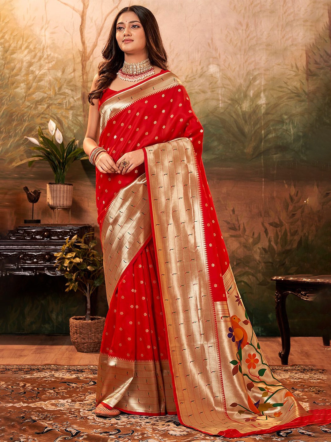 

DEVATITHI Orange Pure Paithani Silk With Zari Weaving Saree, Red