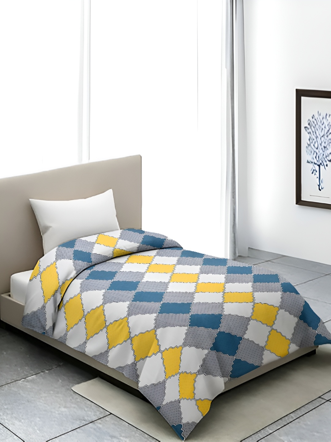 

BELVOSTUM Yellow & Grey Geometric Printed Cotton 250 TC Single Duvet Cover