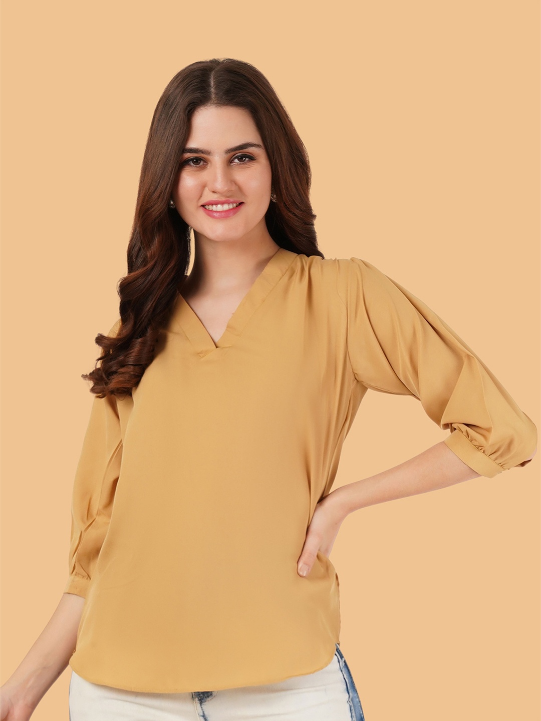 

Brownverse Women V-Neck Top, Beige