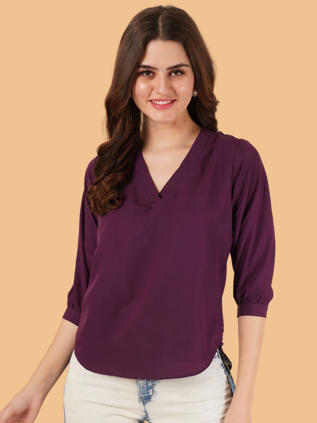 

Brownverse Women V-Neck Crepe Top, Purple