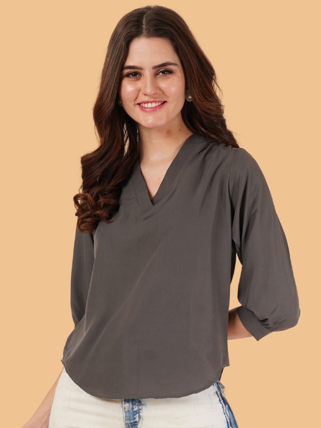 

Brownverse Women V-Neck Cuffed Sleeves Top, Grey