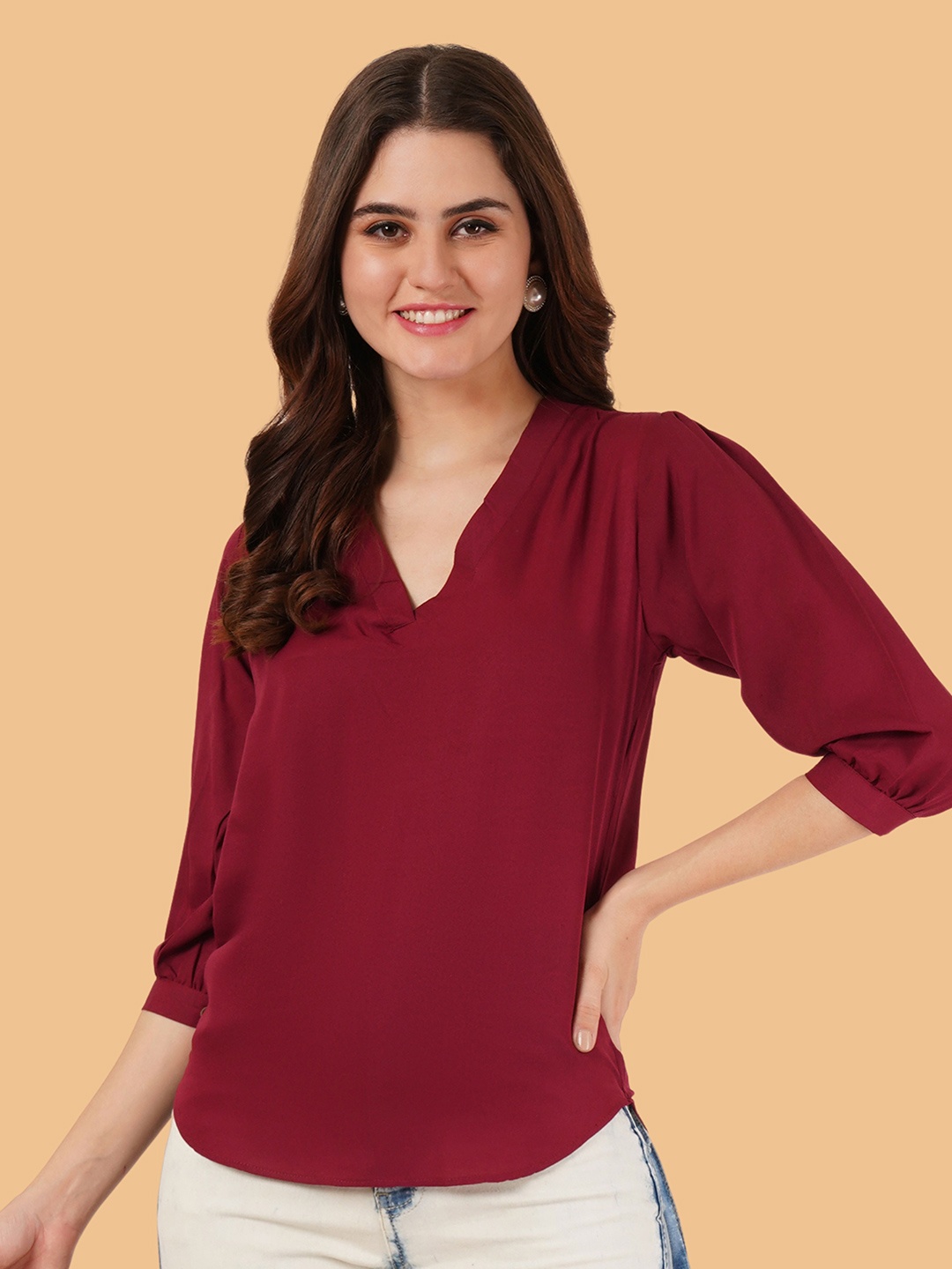 

Brownverse Women V - Neck Crepe Top, Maroon