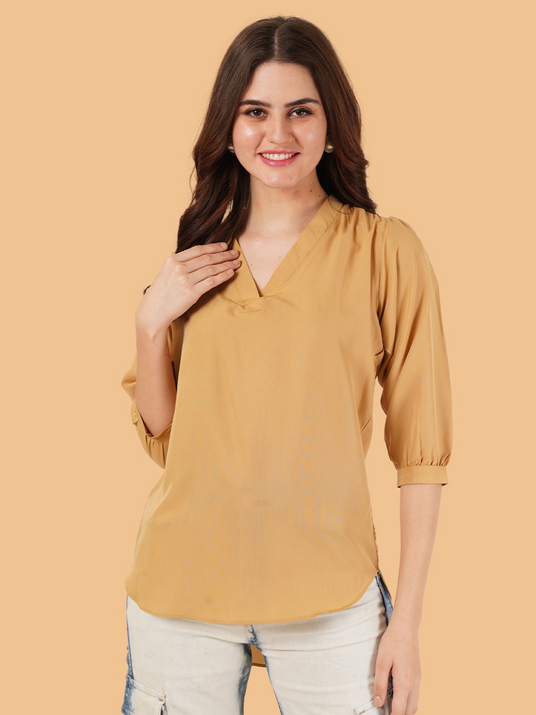 

Brownverse Women V-Neck Regular Top, Beige