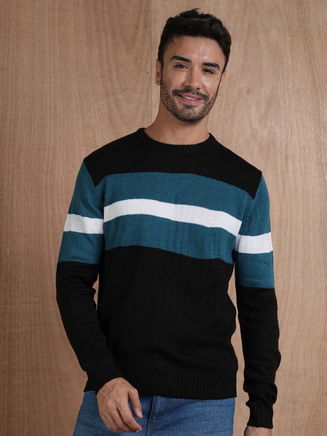 

PRONK Men Colourblocked Ribbed Pullover, Black