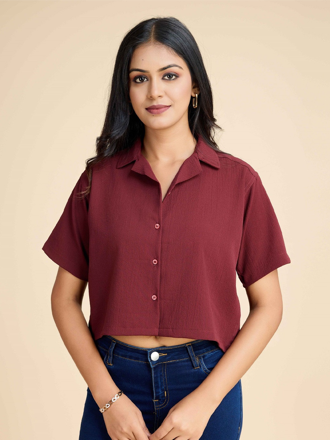 

choiceit Crepe Shirt Style Crop Top, Maroon