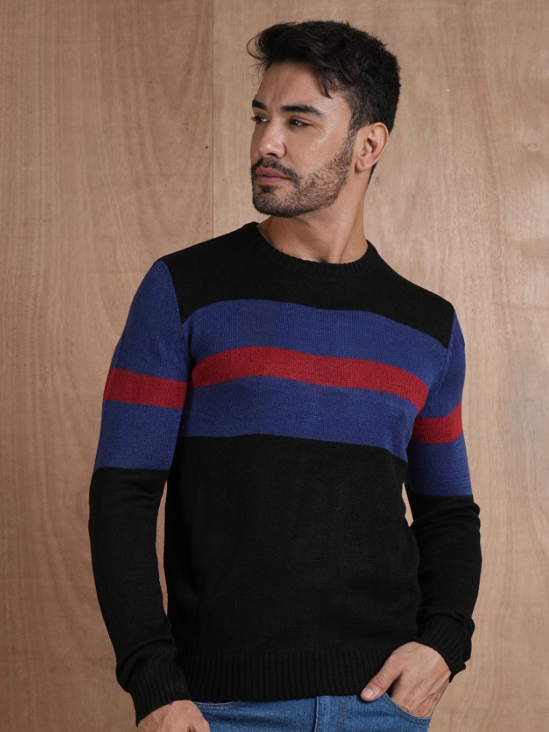 

PRONK Men Striped Pullover, Black