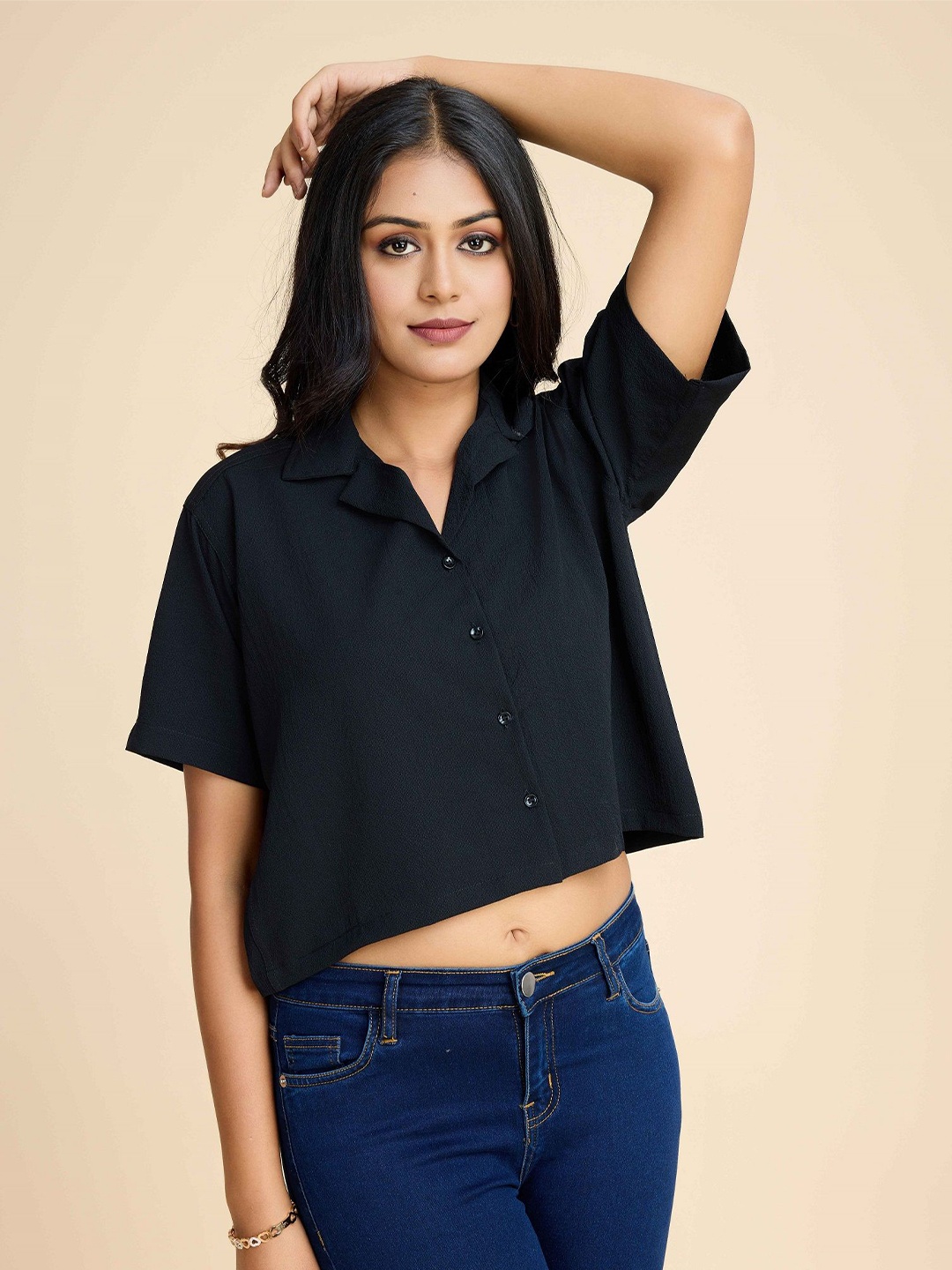 

choiceit Women Shirt Style Crop Top, Black