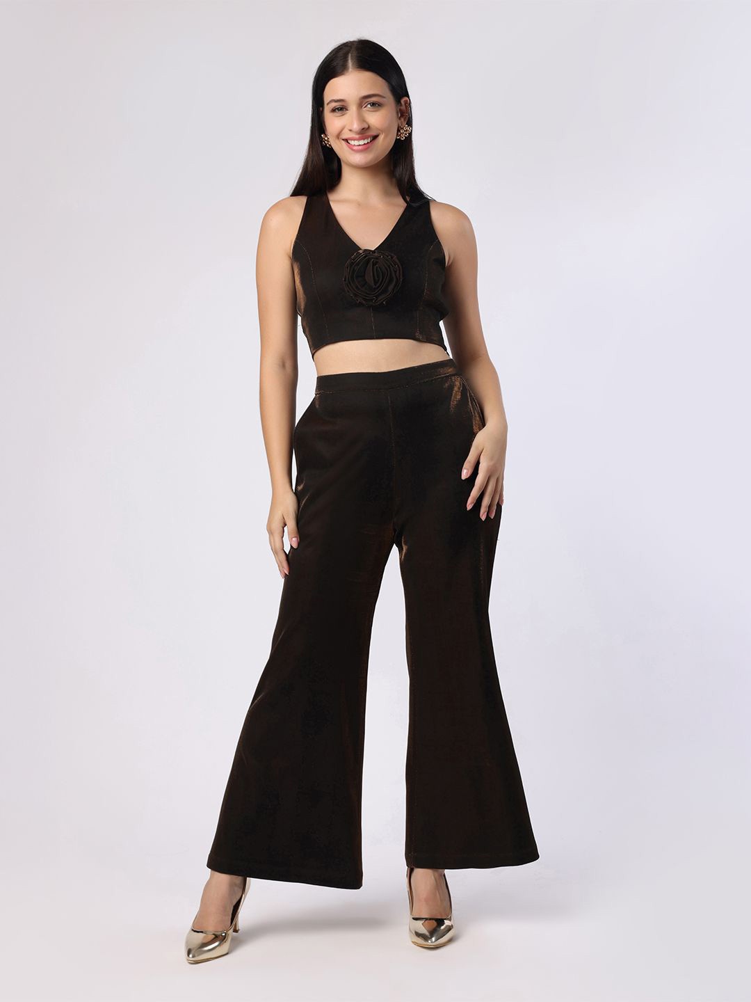 

BLANC9 V-Neck Crop Top & Trousers Co-Ords, Brown