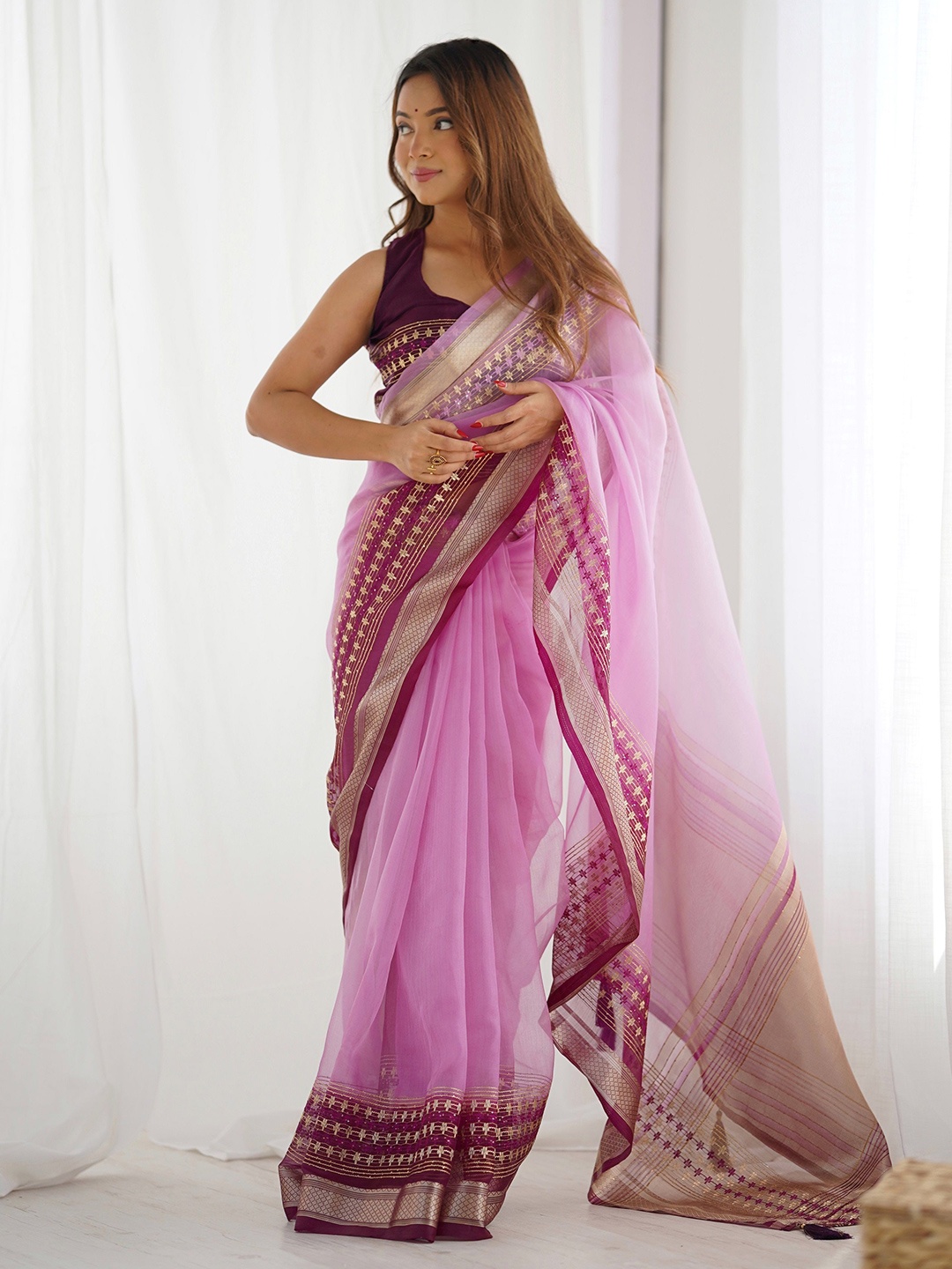

Ethnic Yard Zari Organza Chanderi Saree, Purple