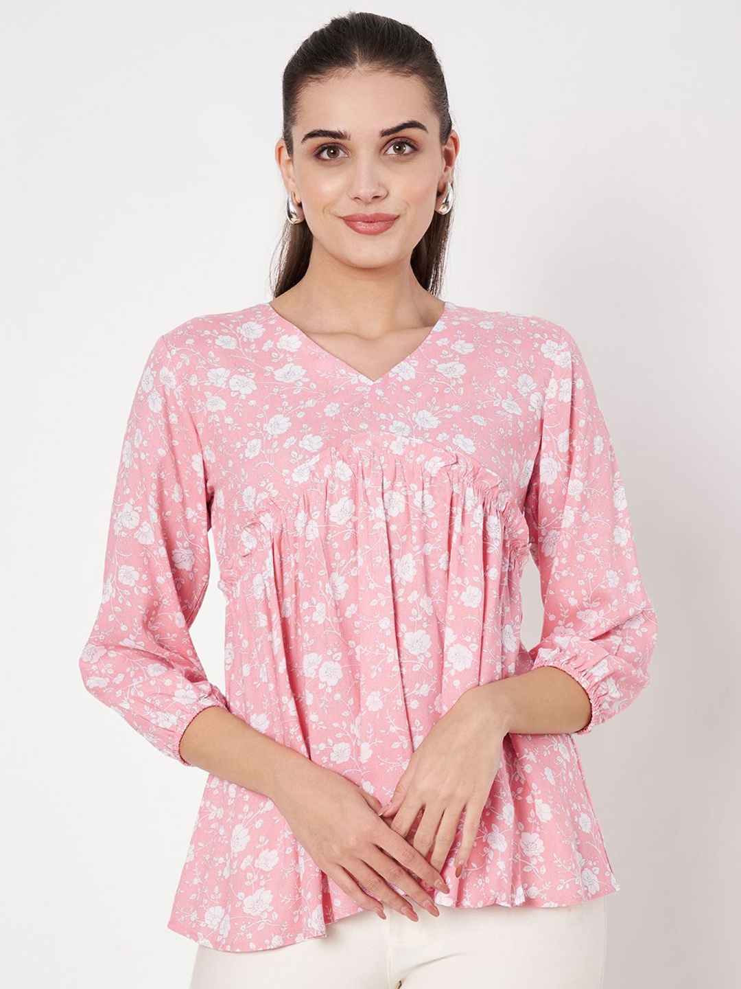 

Fbella Women Floral Printed V-Neck Top, Pink