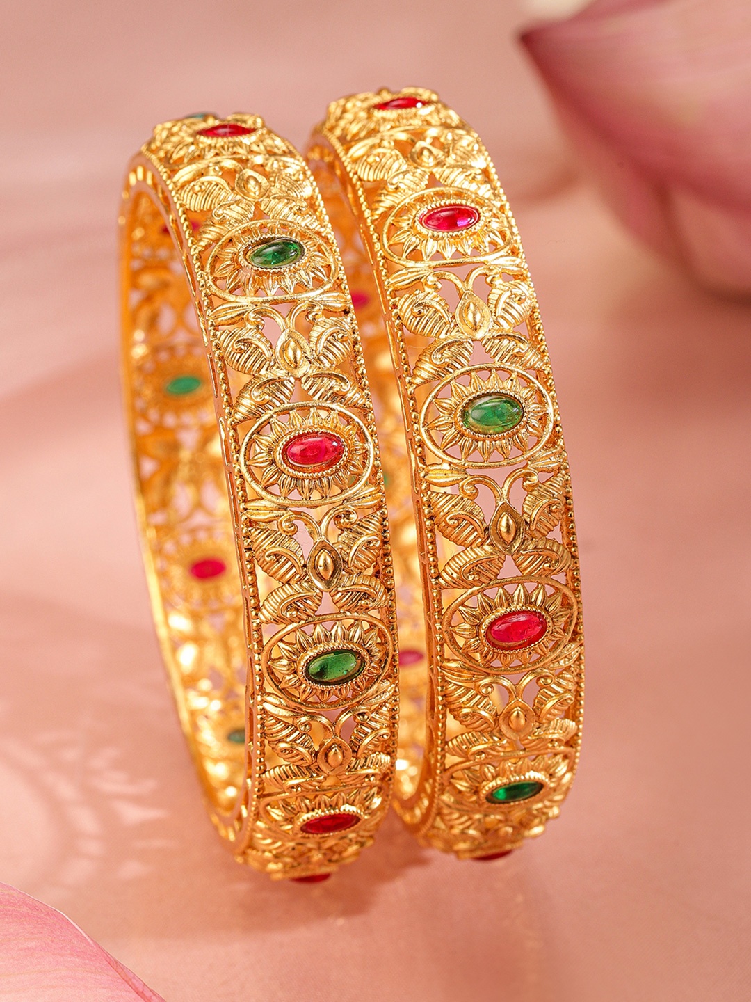 

Rubans Set Of 2 Gold-Plated Stone-Studded & Beaded Bangles