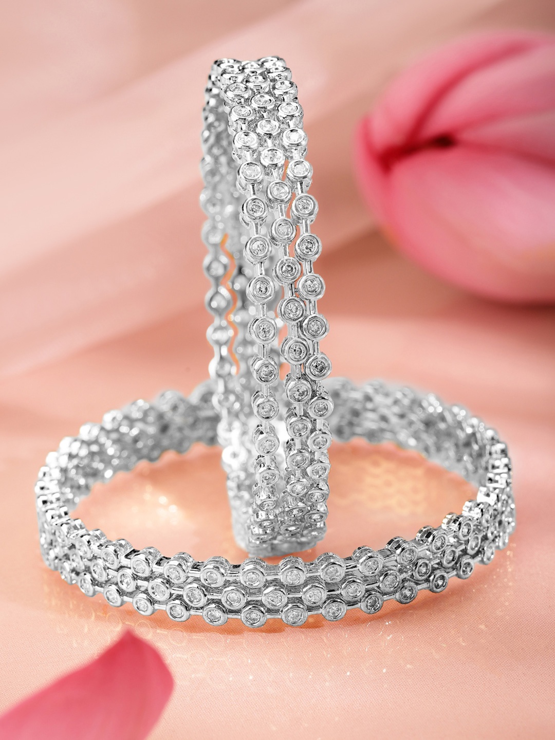 

Rubans Set Of 4 Rhodium-Plated Cubic Zirconia Studded Bangles, Silver