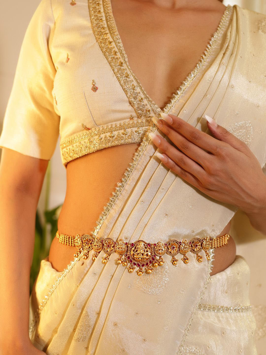 

Rubans 22K Gold-Plated Stones Studded Goddess Lakshmi Temple Kamarbandh Waist Chain