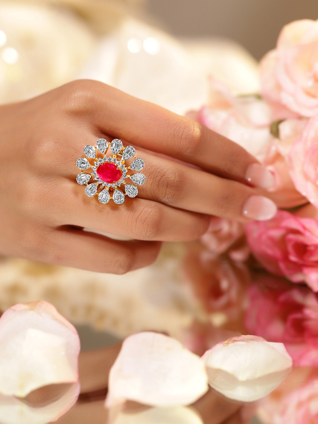

Rubans 22K Gold-Plated Cubic Zirconia Stone-Studded Floral Adjustable Finger Ring