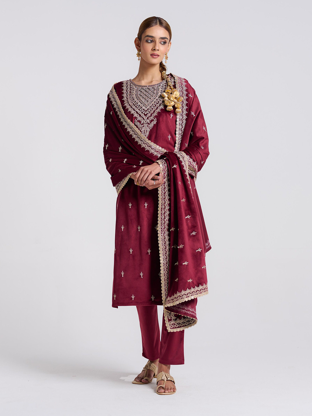 

Rustorange Makhmali Women Embroidered Thread Work Velvet Kurta With Salwar With Dupatta, Maroon