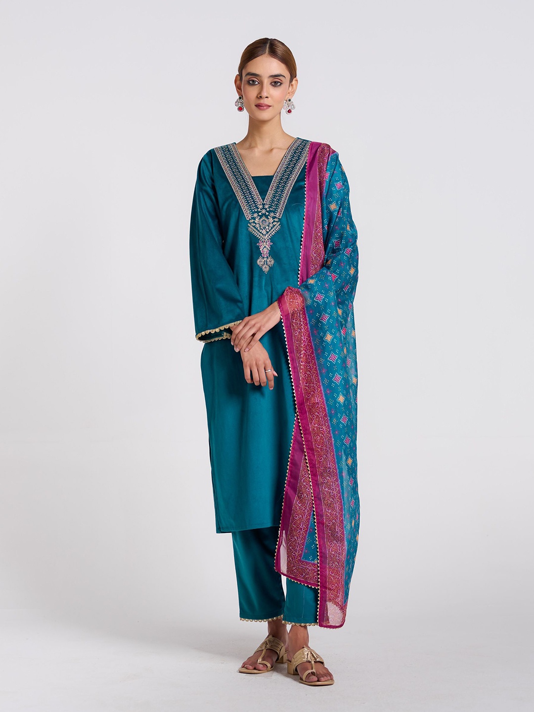 

Rustorange Zareen Women Embroidered Velvet Kurta With Salwar & Dupatta, Teal