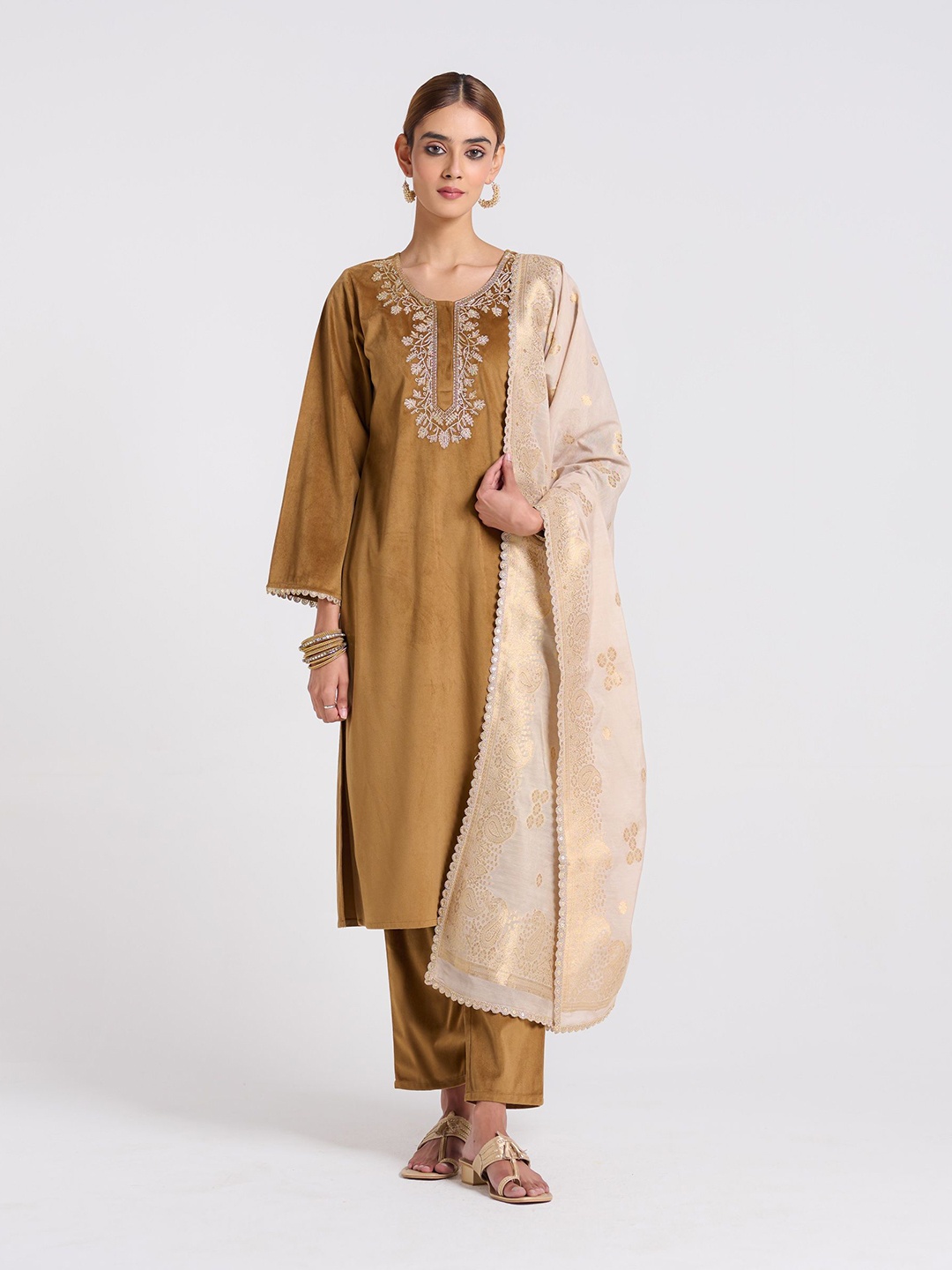 

Rustorange Ochre Noor Floral Embroidered Thread Work Velvet Kurta With Salwar & Dupatta, Brown