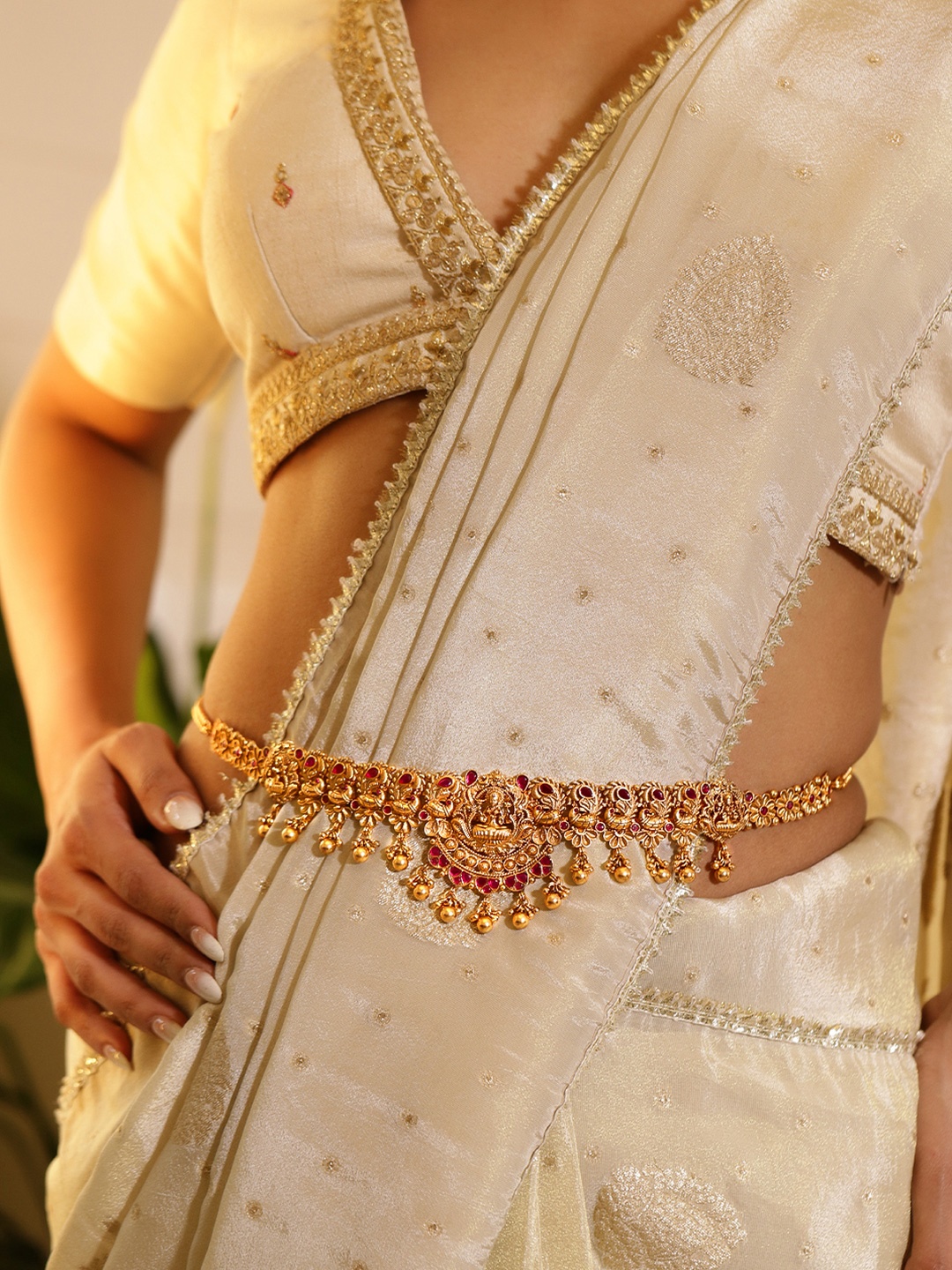 

Rubans 22K Gold-Plated Stones Studded Temple Kamarbandh Waist Chain