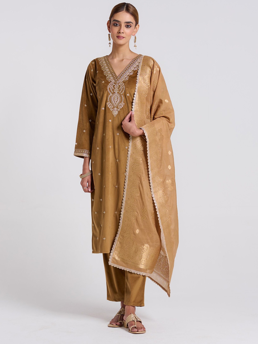 

Rustorange Varak Women Ethnic Motifs Embroidered Zari Work Velvet Kurta & Salwar & Dupatta, Brown