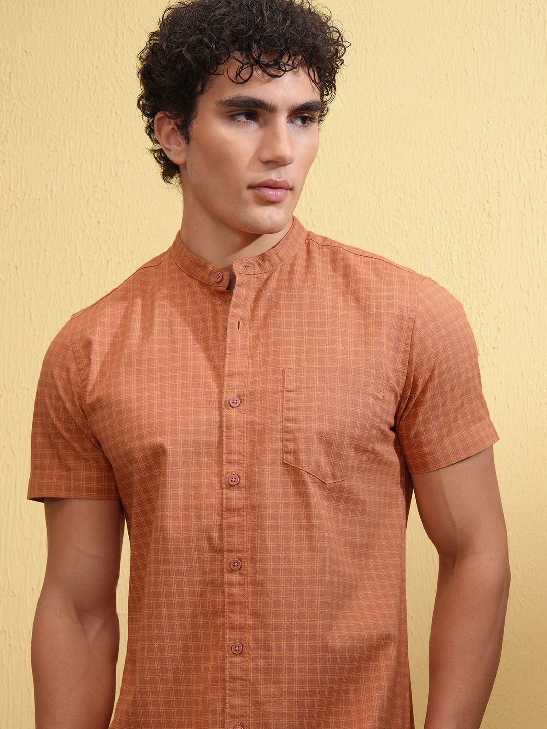 

HIGHLANDER Men Cotton Linen Printed Checked Casual Shirt, Nude