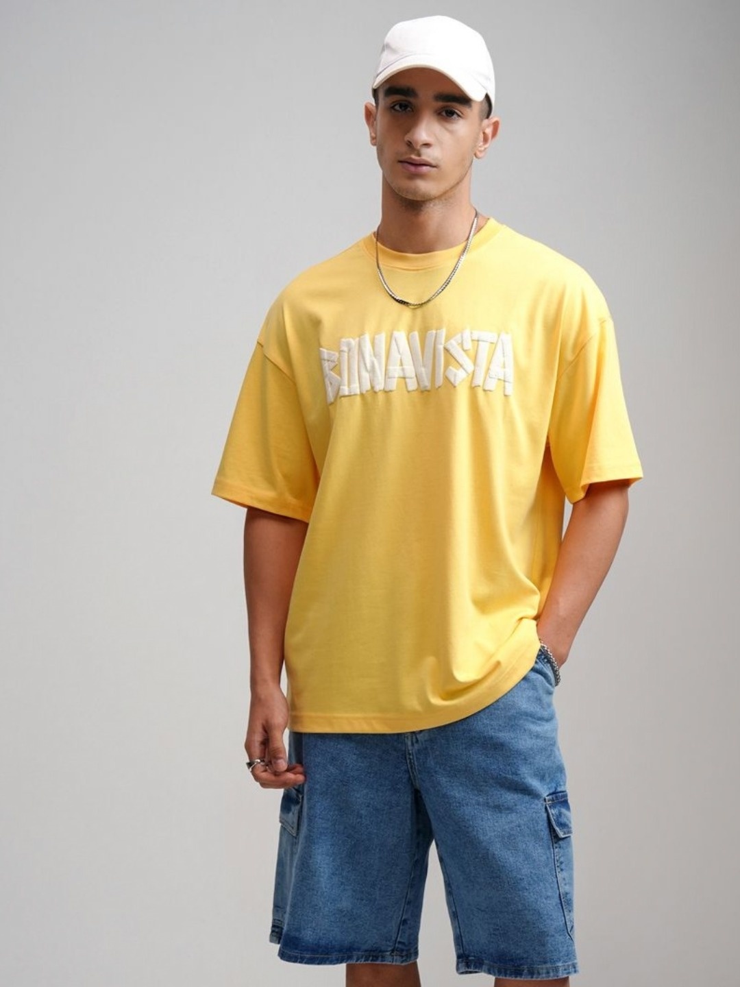 

HIGHLANDER Men Round Neck Half Sleeve Oversized T-shirt with Puff Print, Yellow