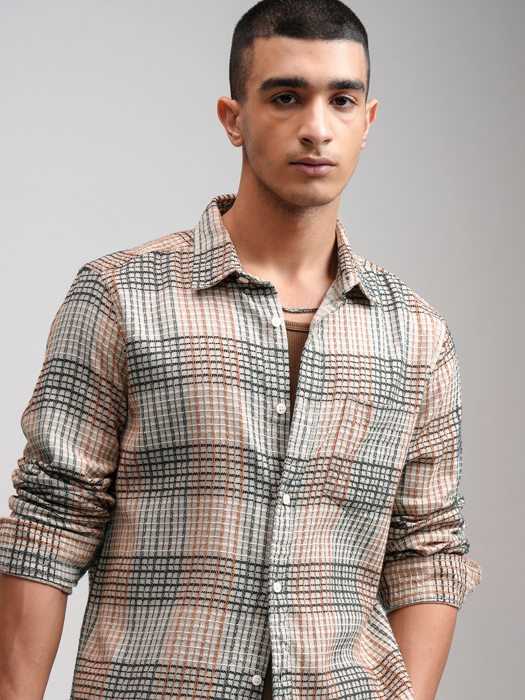 

HIGHLANDER Men Spread Collar Textured Cotton Casual Shirt, Beige