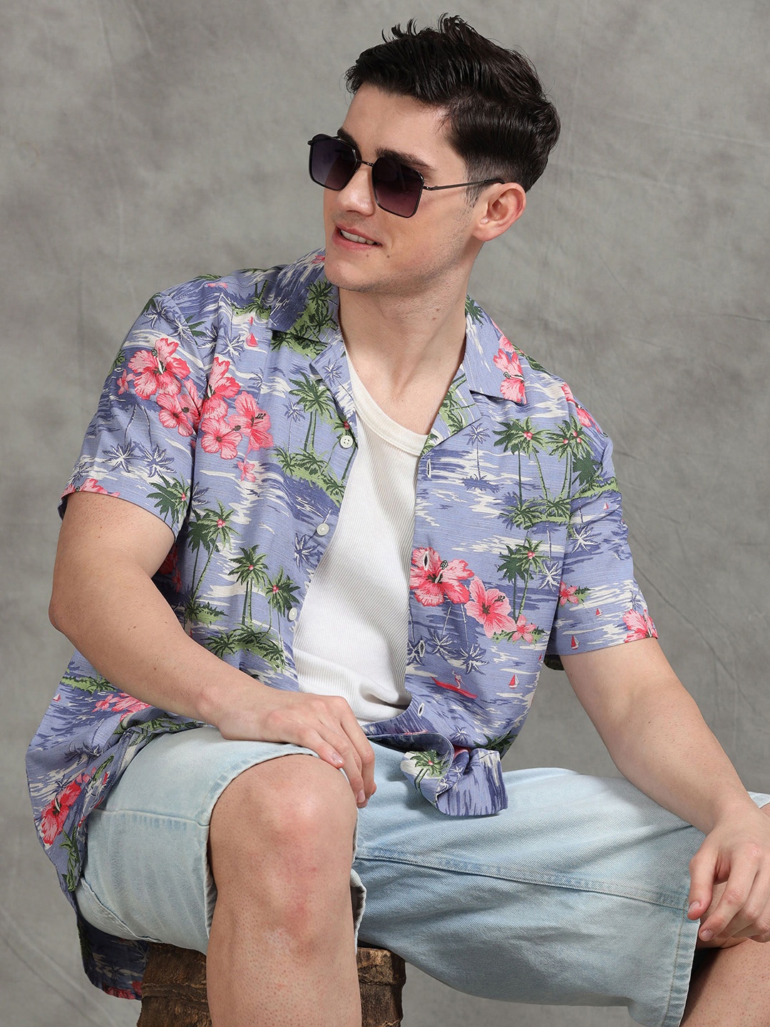 

StitchX Men Slim Fit Half Sleeve Printed Beach Cuban Collar Shirt, Blue